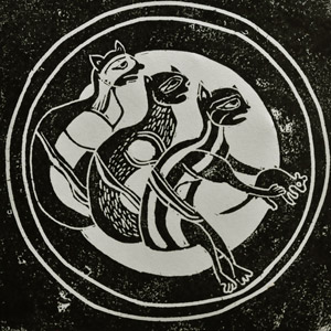 linogravure-bestiaire-medieval-trois-chats-attrappent-une-souris